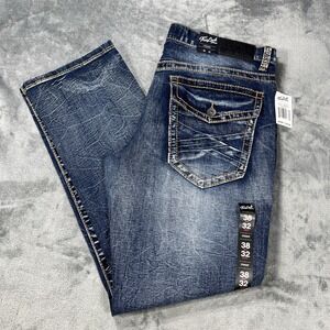 True Luck Jeans Mens 38x32 Blue Stretch Straight Whiskering 3 Flap Pocket NEW